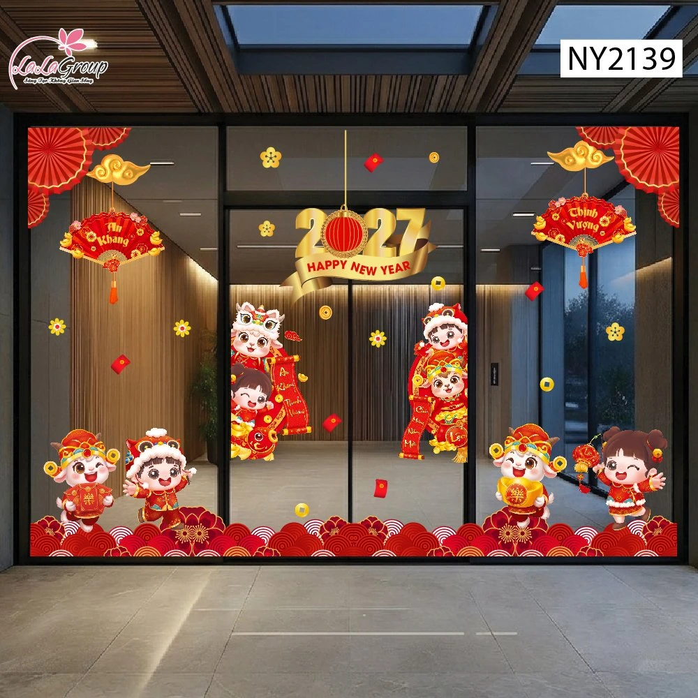 Combo Decal Trang Trí Tết 2027 Song Mùi Và Các Bạn Vui Múa Lân Đón Xuân