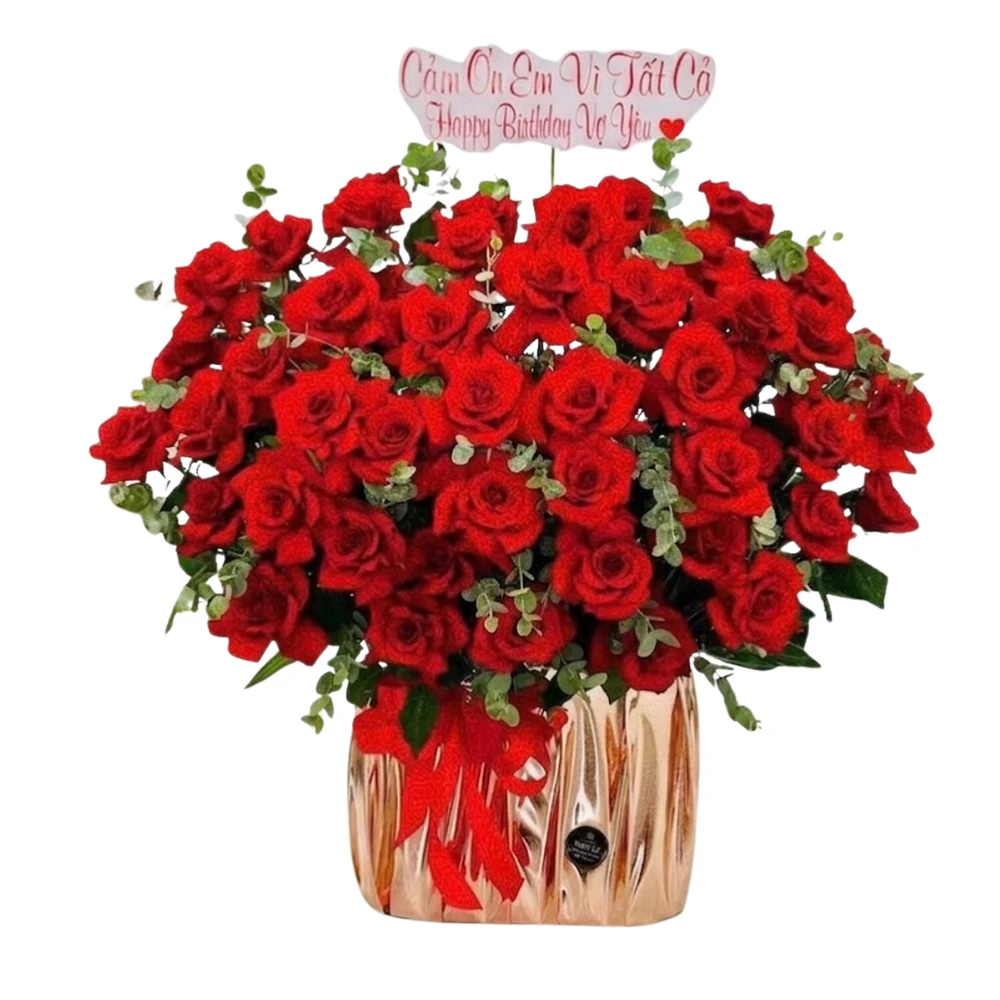 Chậu Hoa Hồng Đỏ Mix Hoa Đồng Tiền Vượng Tài