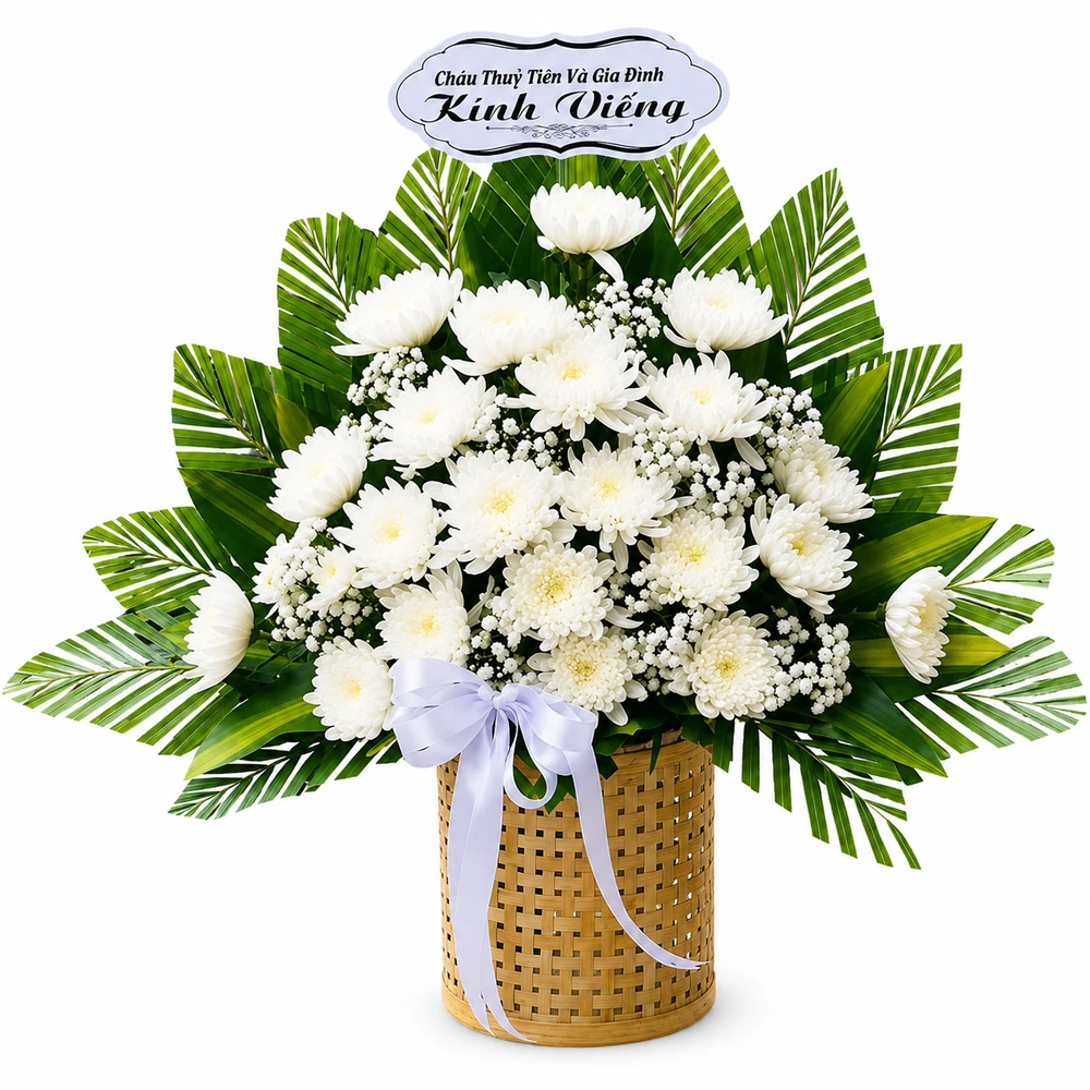 Giỏ Hoa Tươi Hoa Cúc Phối Hoa Bi Trắng Trang Trọng