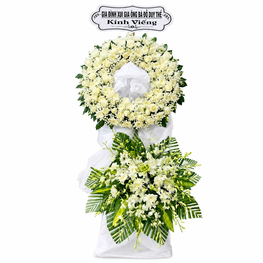 Kệ Hoa Chia Buồn 2 Tầng Tone Trắng Trang Trọng