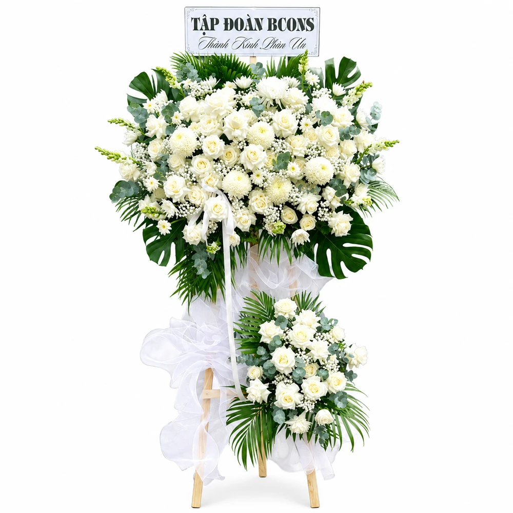 Kệ Hoa Chia Buồn Hoa Cúc Mẫu Đơn Mix Hoa Hồng Trắng Tinh Tế