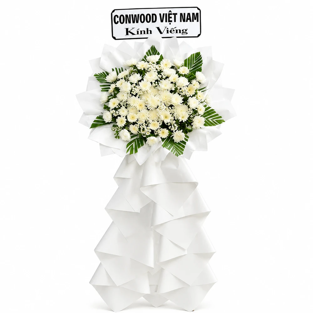 Kệ Hoa Chia Buồn Hoa Cúc Trắng Phối Hoa Bi Trắng Nhẹ Nhàng