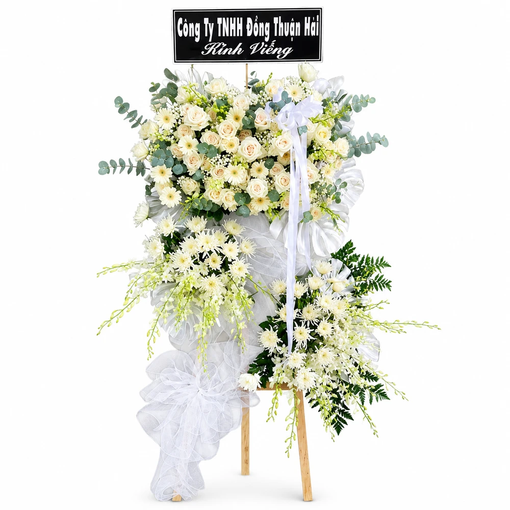 Kệ Hoa Chia Buồn Hoa Hồng Mix Lưới Trắng Trang Trọng
