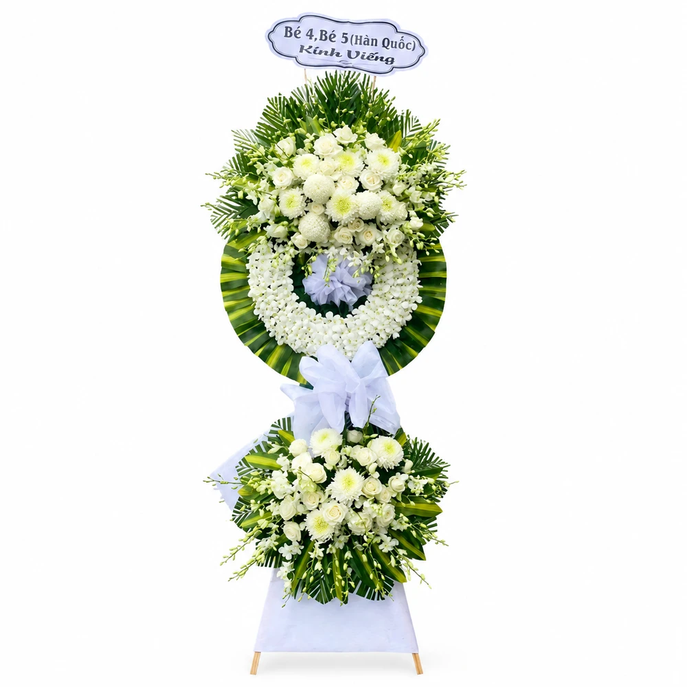 Kệ Hoa Chia Buồn Vòng Hoa Viếng Hoa Cúc Trắng 2 Tầng Trang Trọng