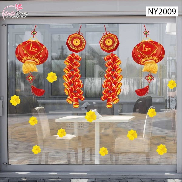 Decal Trang Trí Tết Đinh Mùi Đèn Lồng Lộc Xuân Và Pháo Đỏ May Mắn