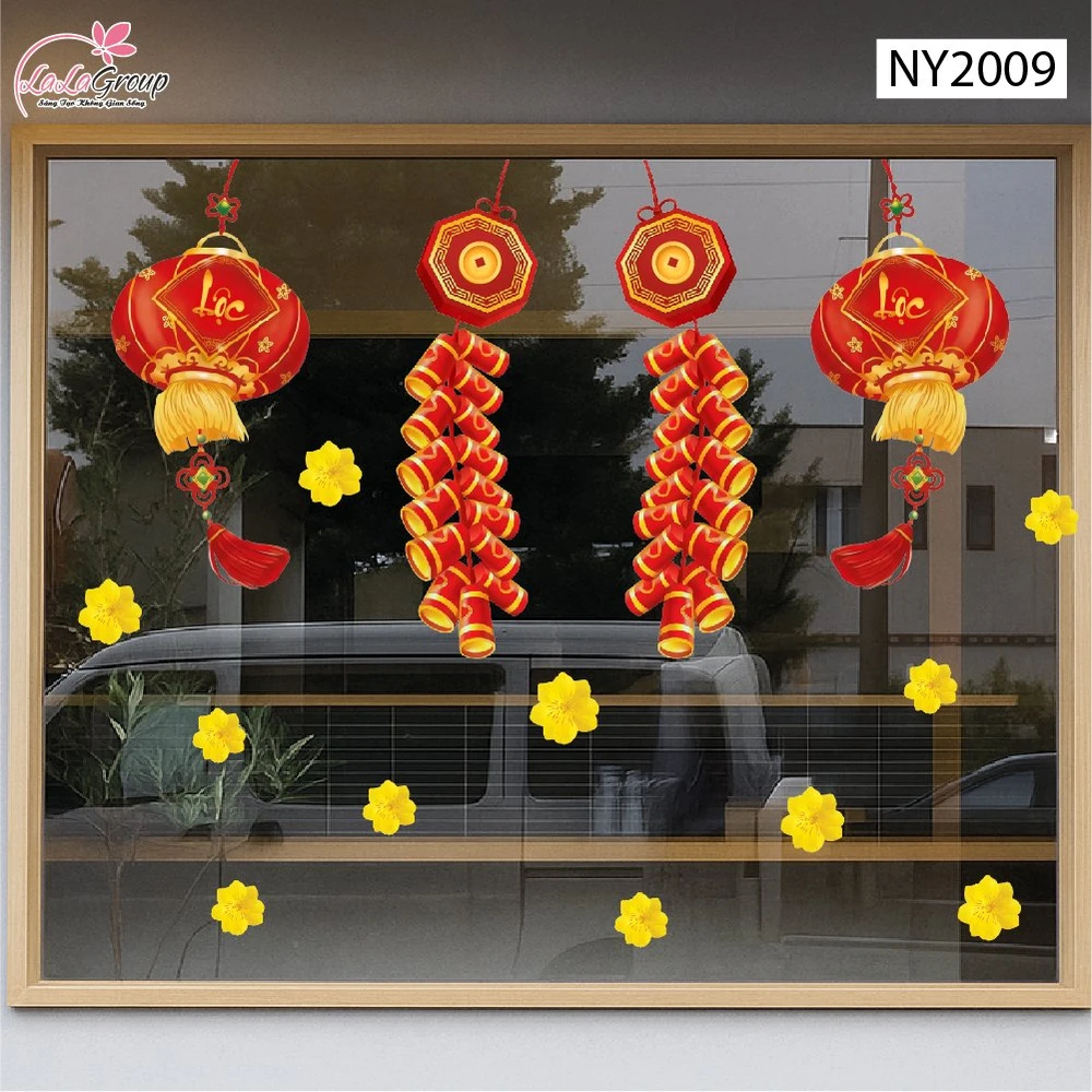 Decal Trang Trí Tết Đinh Mùi Đèn Lồng Lộc Xuân Và Pháo Đỏ May Mắn