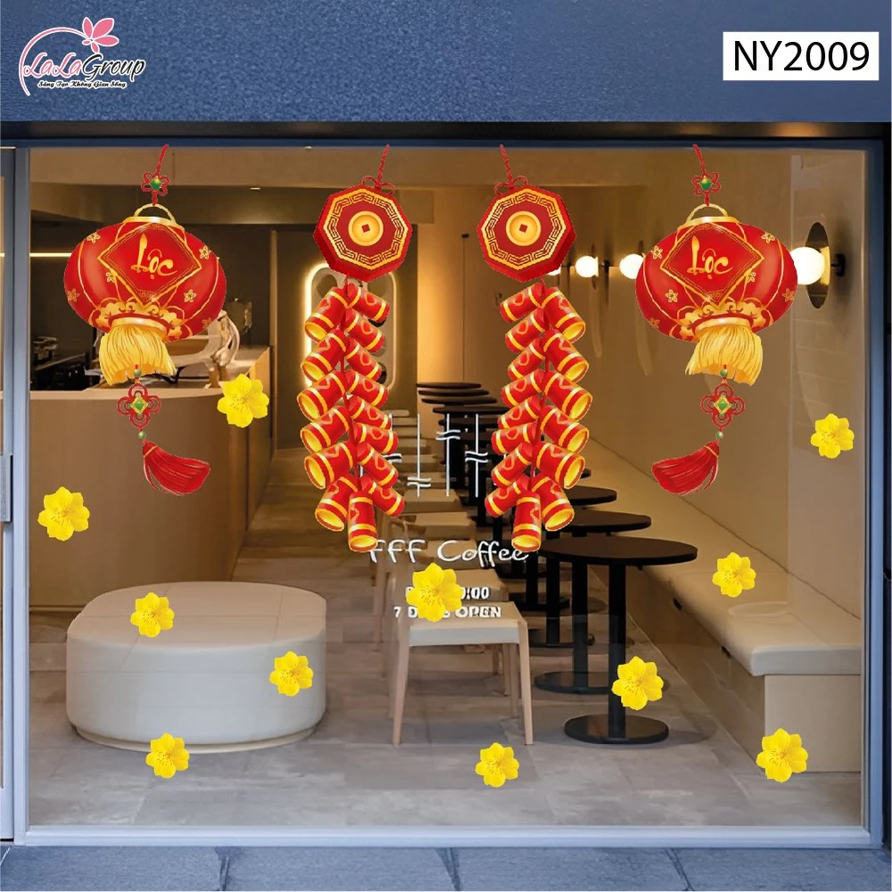 Decal Trang Trí Tết Đinh Mùi Đèn Lồng Lộc Xuân Và Pháo Đỏ May Mắn