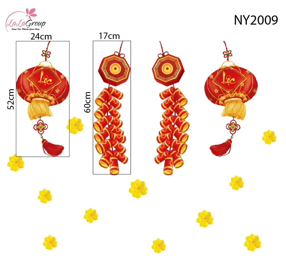 Decal Trang Trí Tết Đinh Mùi Đèn Lồng Lộc Xuân Và Pháo Đỏ May Mắn