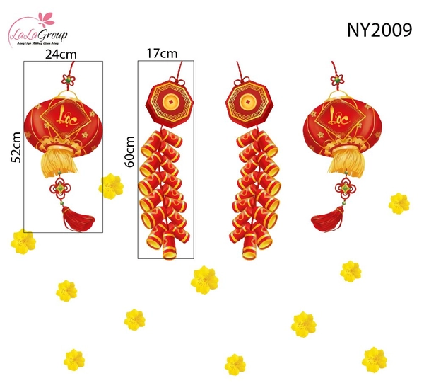 Decal Trang Trí Tết Đinh Mùi Đèn Lồng Lộc Xuân Và Pháo Đỏ May Mắn