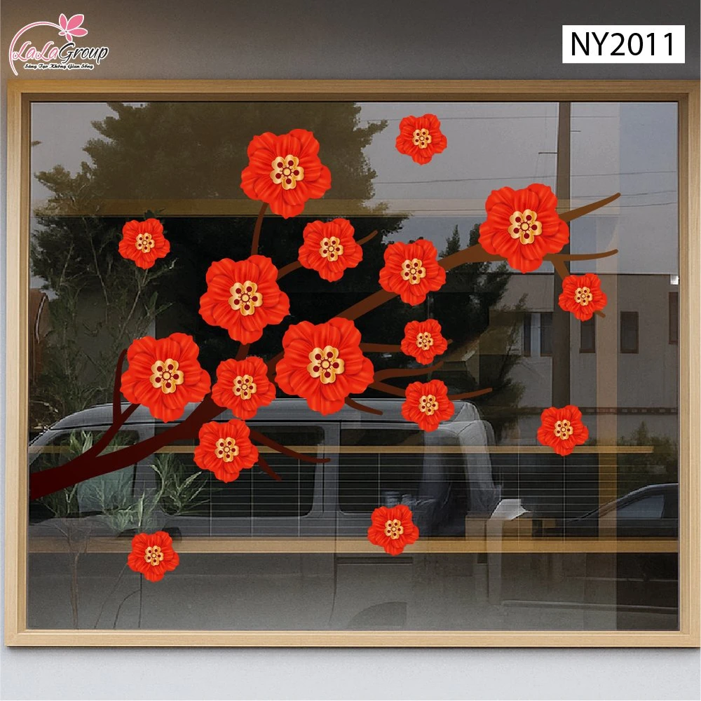 Decal Trang Trí Tết Đinh Mùi Cành Hoa Đỏ Phú Quý
