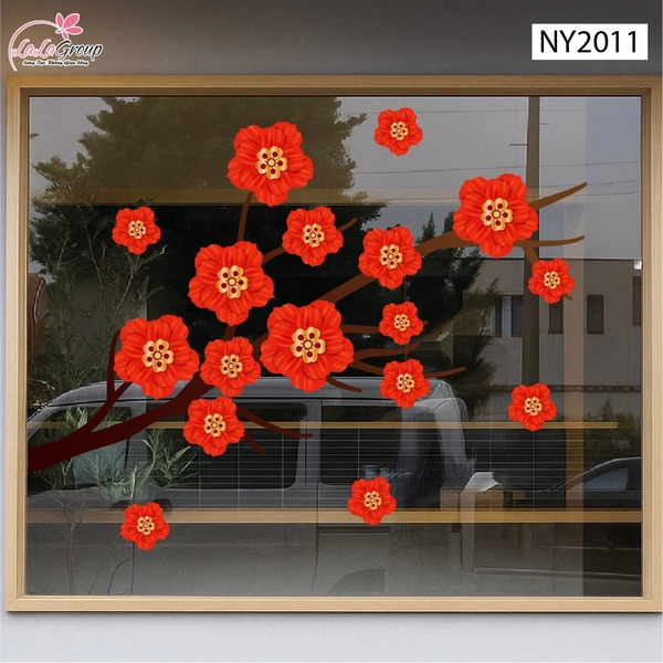 Decal Trang Trí Tết Đinh Mùi Cành Hoa Đỏ Phú Quý