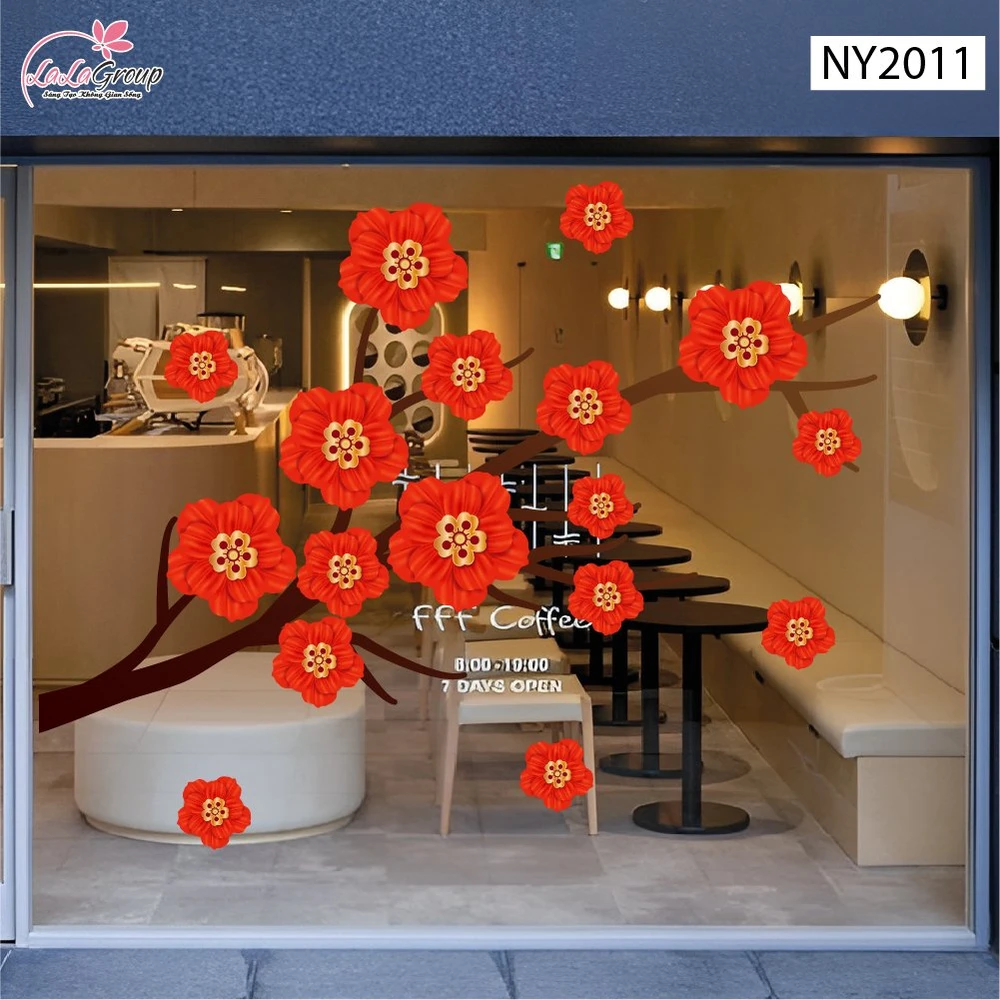 Decal Trang Trí Tết Đinh Mùi Cành Hoa Đỏ Phú Quý