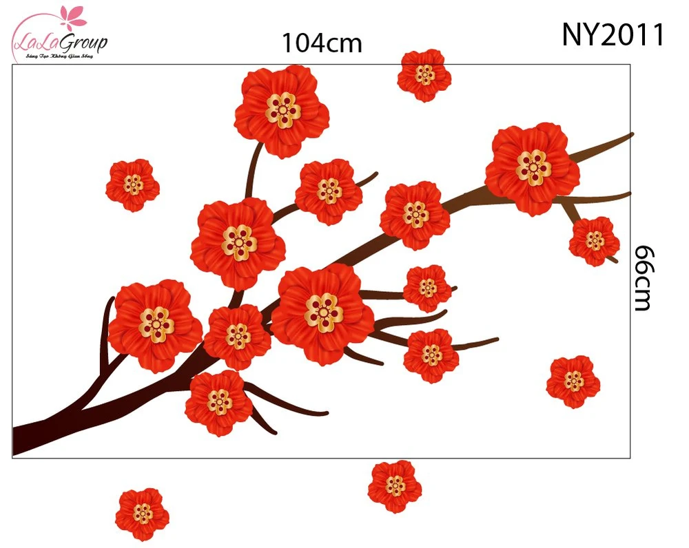 Decal Trang Trí Tết Đinh Mùi Cành Hoa Đỏ Phú Quý