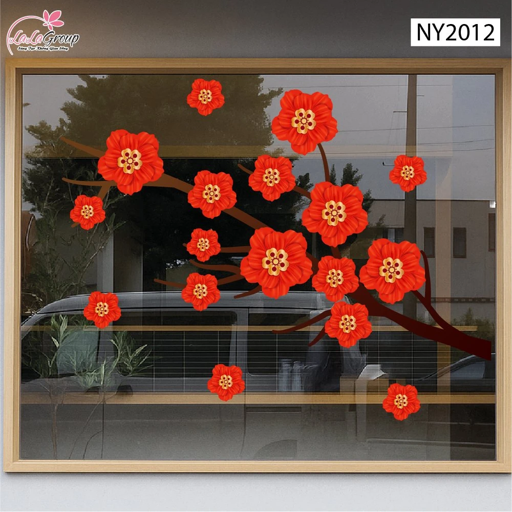 Decal Trang Trí Tết Đinh Mùi Cành Hoa Xuân Đỏ May Mắn