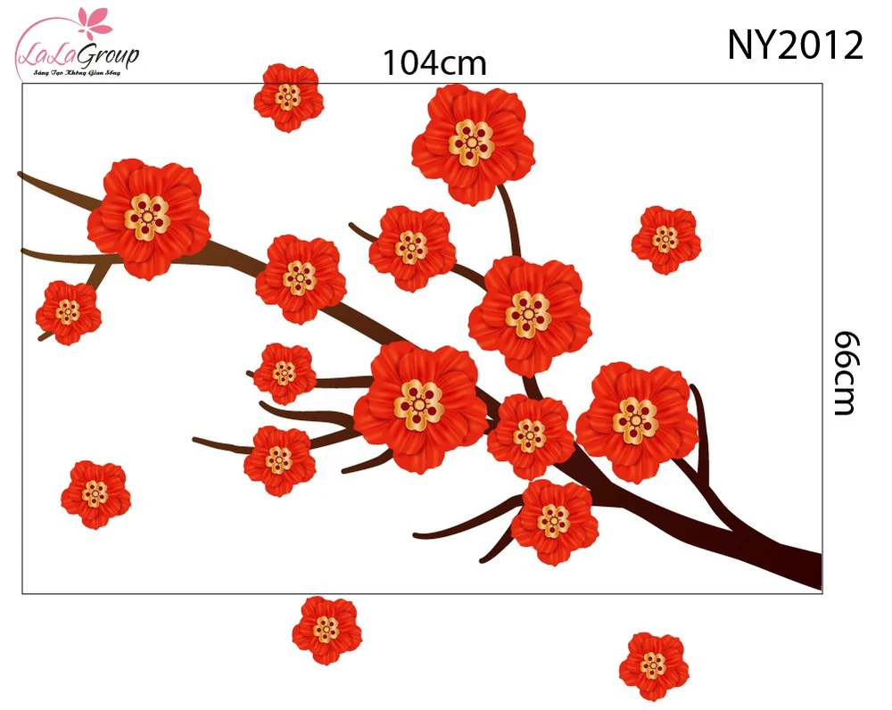 Decal Trang Trí Tết Đinh Mùi Cành Hoa Xuân Đỏ May Mắn