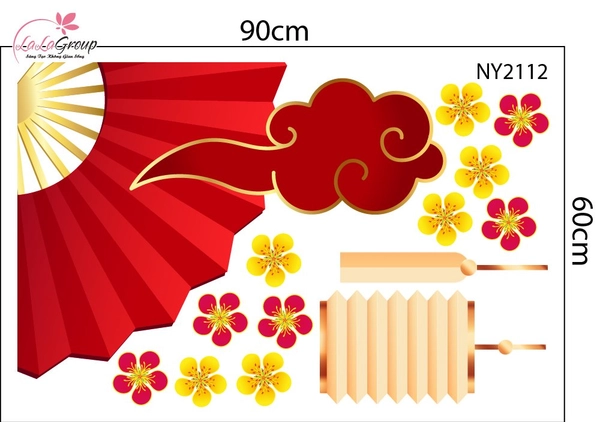 Decal Trang Trí Tết Viền Góc Kính Mây Đỏ Quạt Xếp Phú Quý