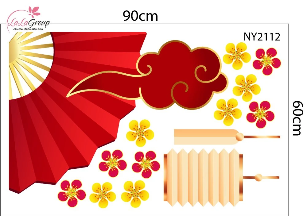 Decal Trang Trí Tết Viền Góc Kính Mây Đỏ Quạt Xếp Phú Quý