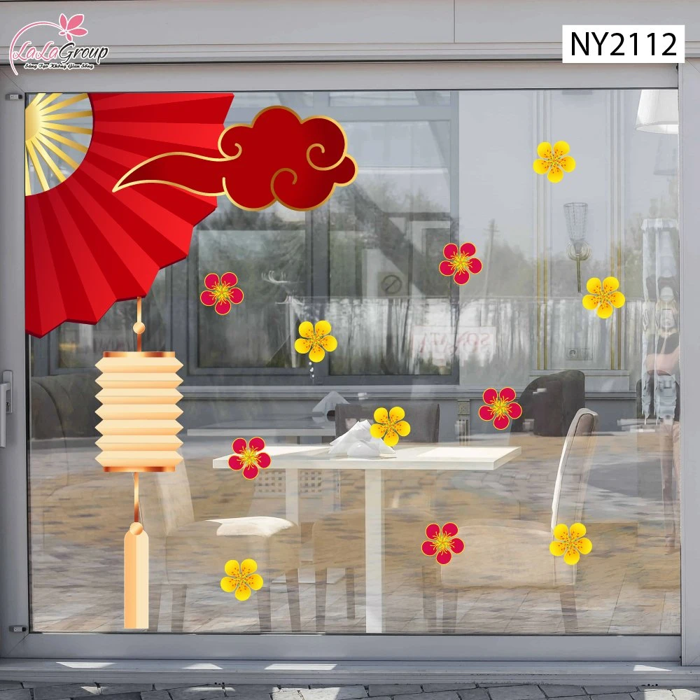 Decal Trang Trí Tết Viền Góc Kính Mây Đỏ Quạt Xếp Phú Quý