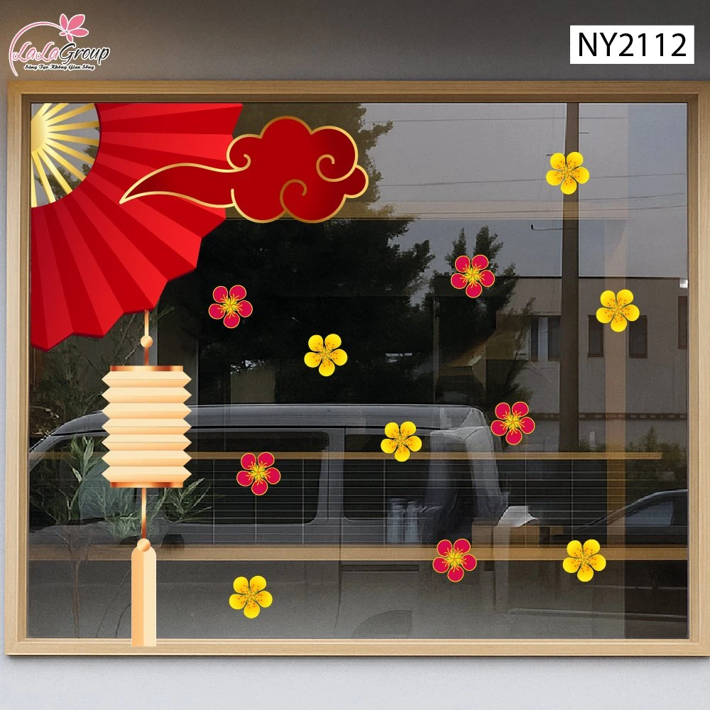 Decal Trang Trí Tết Viền Góc Kính Mây Đỏ Quạt Xếp Phú Quý
