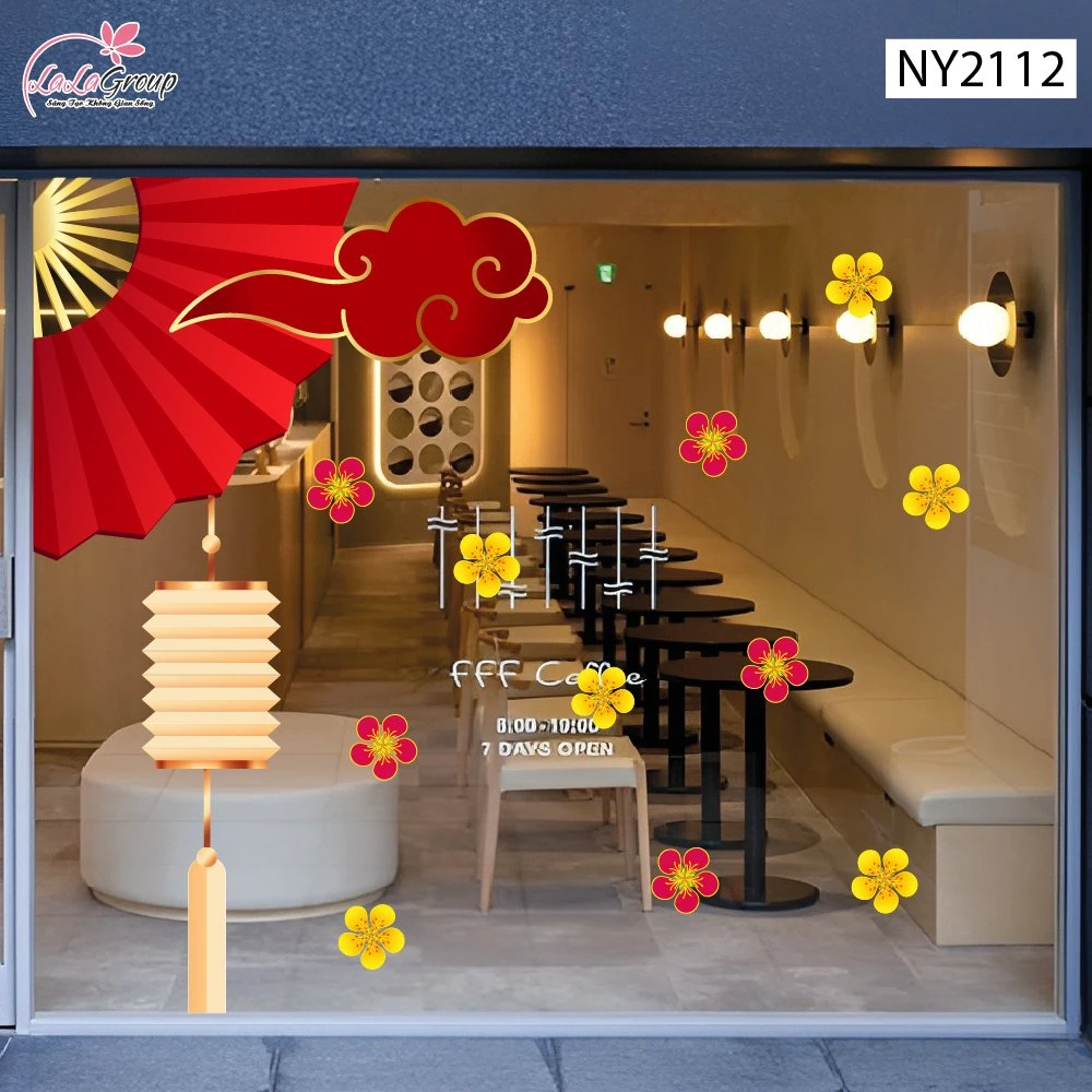 Decal Trang Trí Tết Viền Góc Kính Mây Đỏ Quạt Xếp Phú Quý