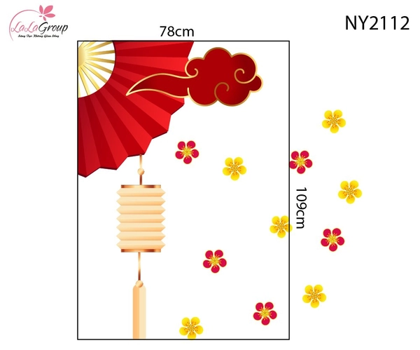 Decal Trang Trí Tết Viền Góc Kính Mây Đỏ Quạt Xếp Phú Quý