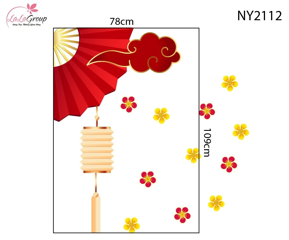 Decal Trang Trí Tết Viền Góc Kính Mây Đỏ Quạt Xếp Phú Quý
