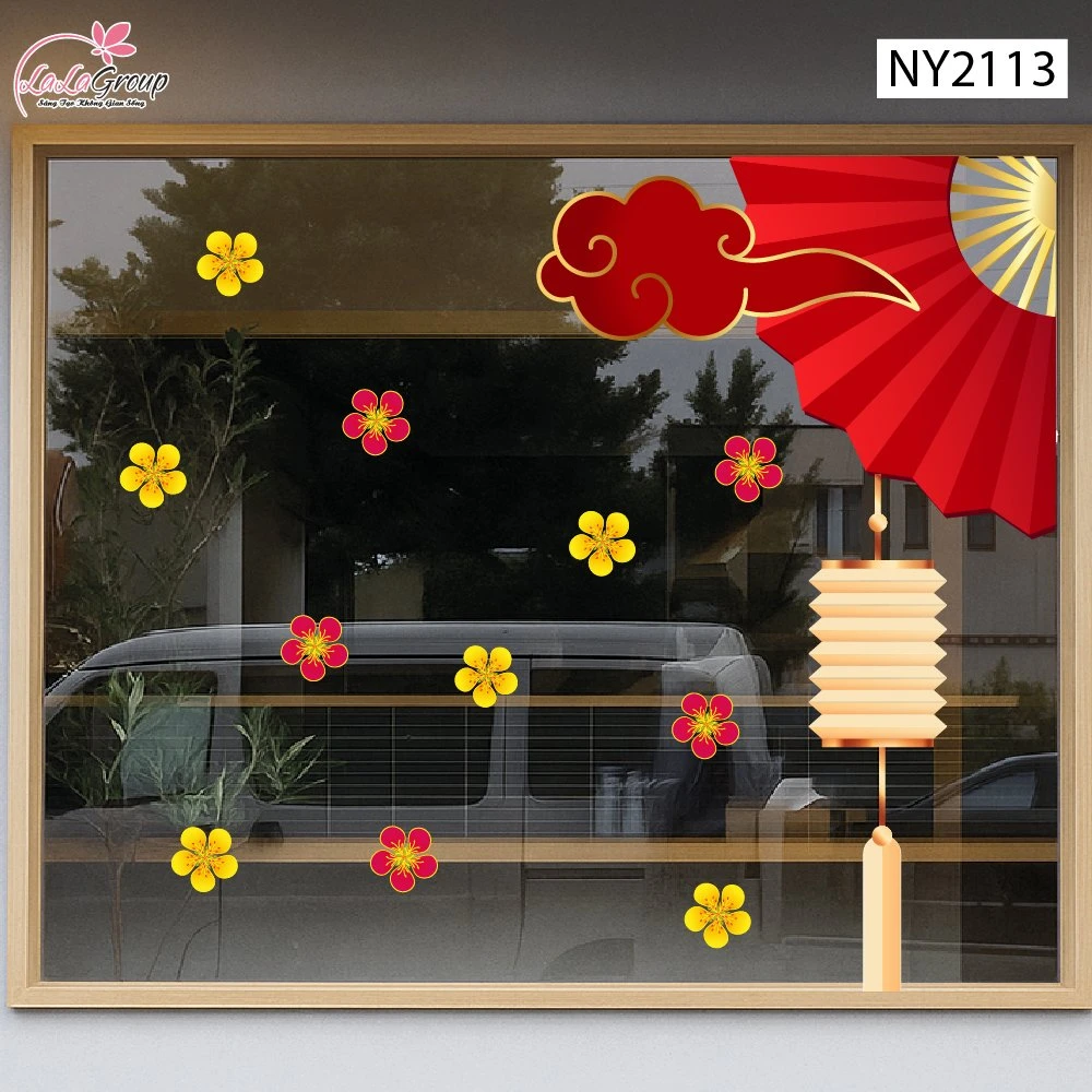 Decal Trang Trí Tết Viền Góc Kính Mây Đỏ Quạt Xếp Phát Lộc