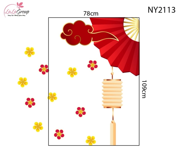 Decal Trang Trí Tết Viền Góc Kính Mây Đỏ Quạt Xếp Phát Lộc