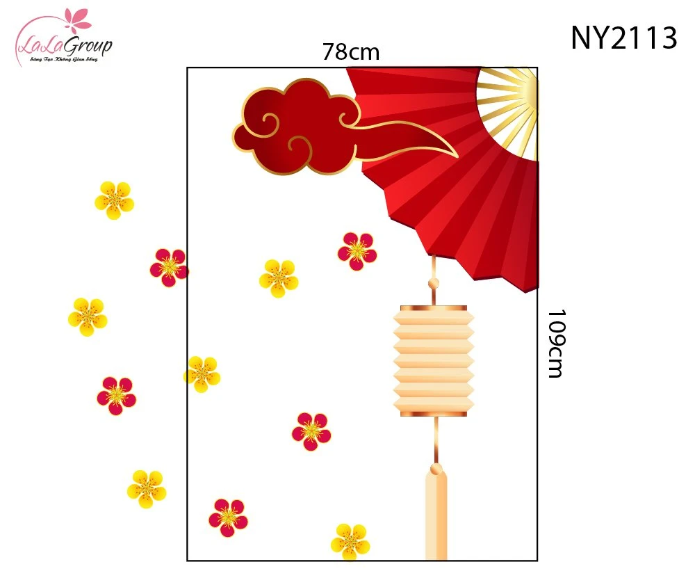 Decal Trang Trí Tết Viền Góc Kính Mây Đỏ Quạt Xếp Phát Lộc