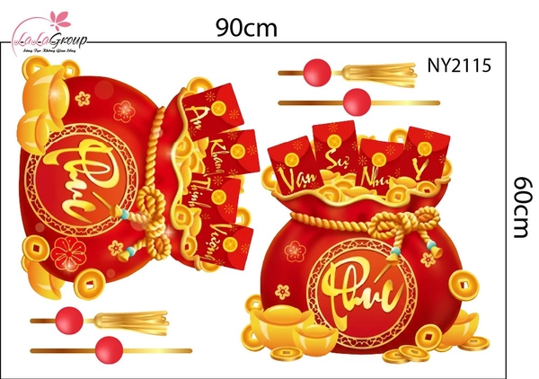 Decal Trang Trí Tết Cặp Túi Vàng Chữ Phúc