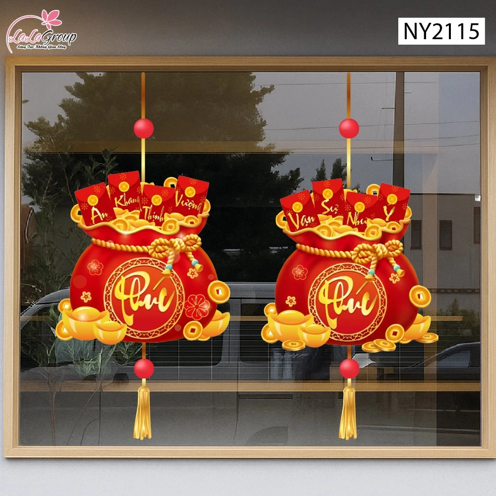Decal Trang Trí Tết Cặp Túi Vàng Chữ Phúc