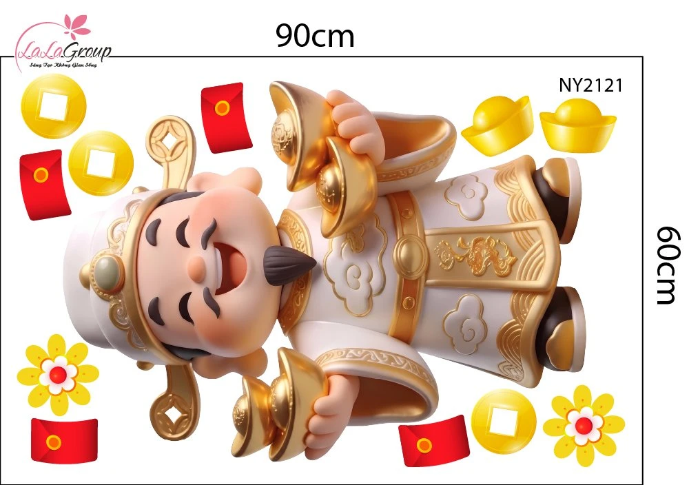 Decal Trang Trí Tết Thần Tài Bạch Kim Nâng Thỏi Vàng Tài Lộc
