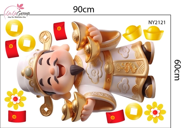 Decal Trang Trí Tết Thần Tài Bạch Kim Nâng Thỏi Vàng Tài Lộc