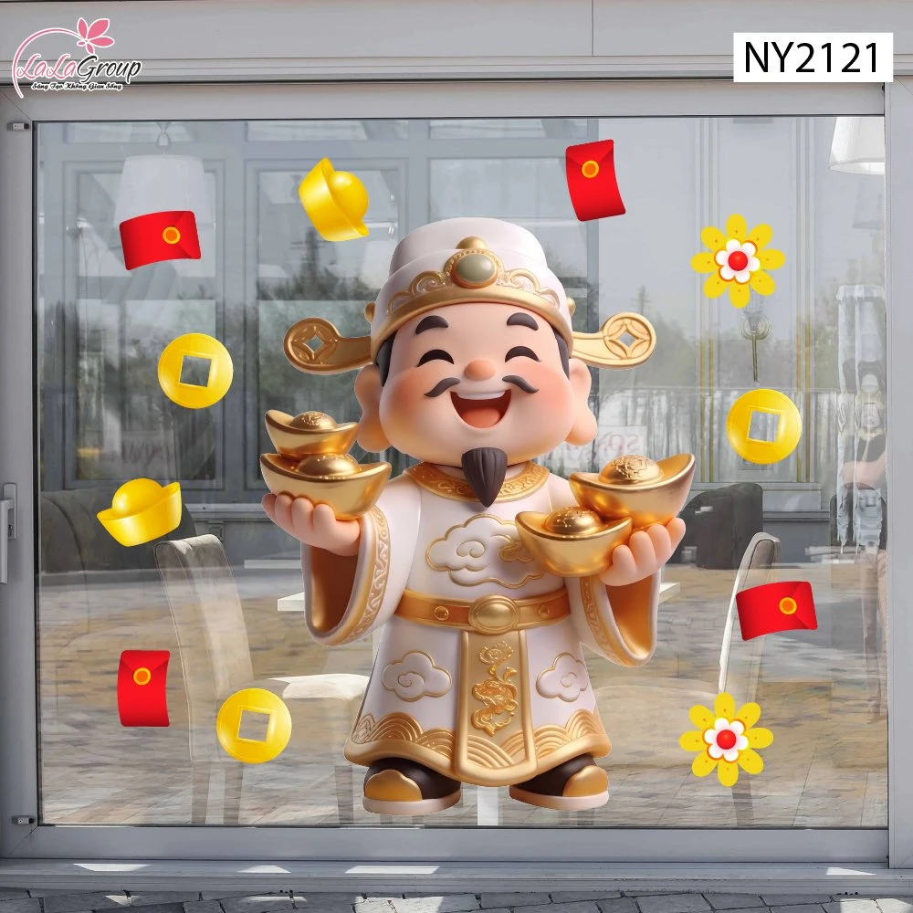Decal Trang Trí Tết Thần Tài Bạch Kim Nâng Thỏi Vàng Tài Lộc