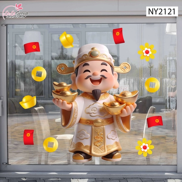 Decal Trang Trí Tết Thần Tài Bạch Kim Nâng Thỏi Vàng Tài Lộc