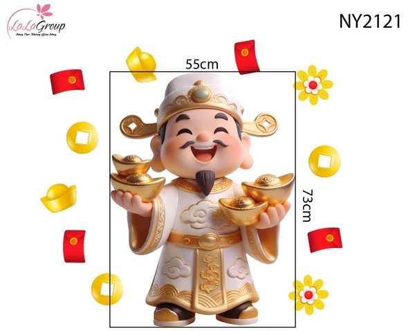 Decal Trang Trí Tết Thần Tài Bạch Kim Nâng Thỏi Vàng Tài Lộc