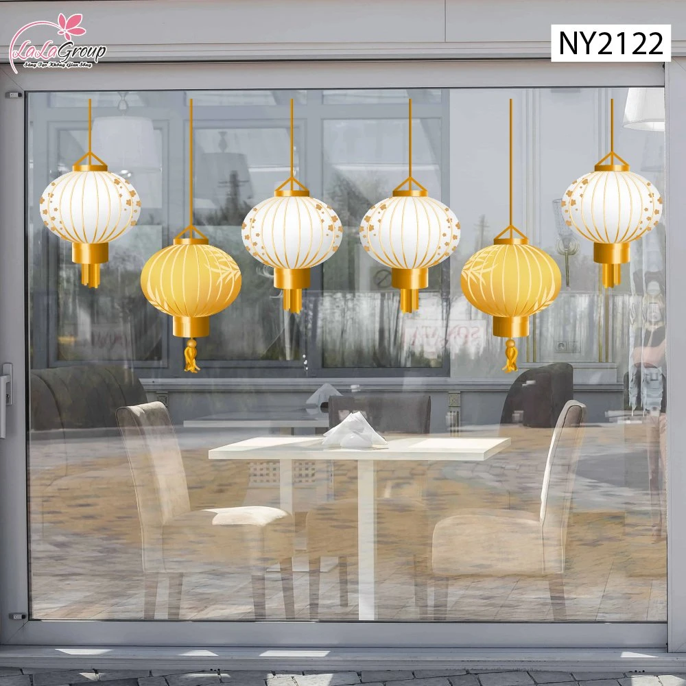 Decal Trang Trí Tết Lồng Đèn Trắng Vàng Khai Xuân Như Ý