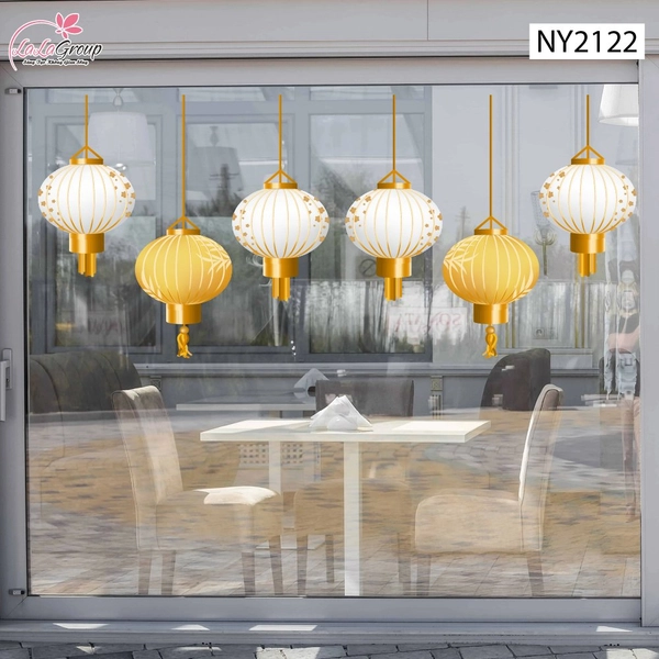 Decal Trang Trí Tết Lồng Đèn Trắng Vàng Khai Xuân Như Ý