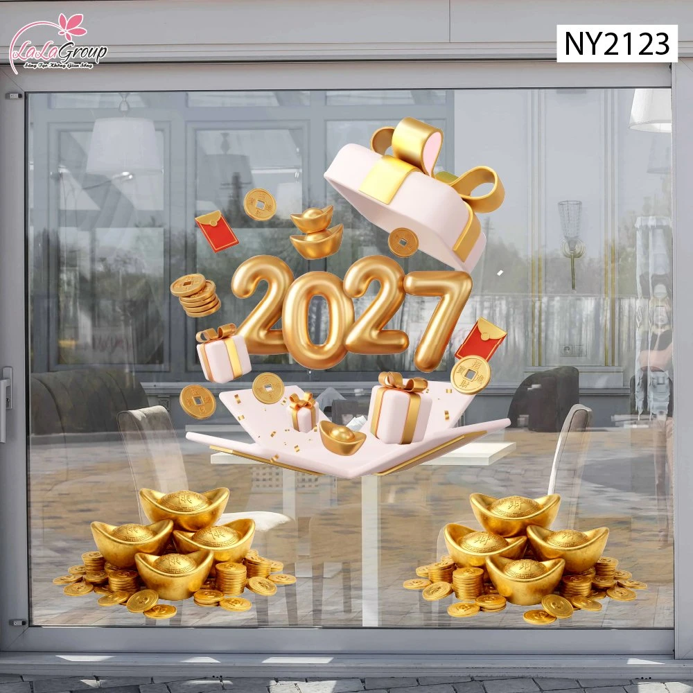 Decal Trang Trí Tết Hộp Quà Đón Xuân 2027 Chiêu Tài Tiến Bảo