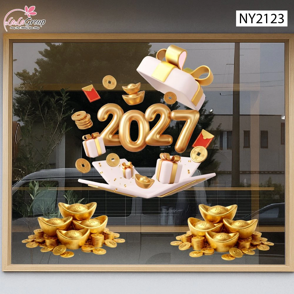 Decal Trang Trí Tết Hộp Quà Đón Xuân 2027 Chiêu Tài Tiến Bảo