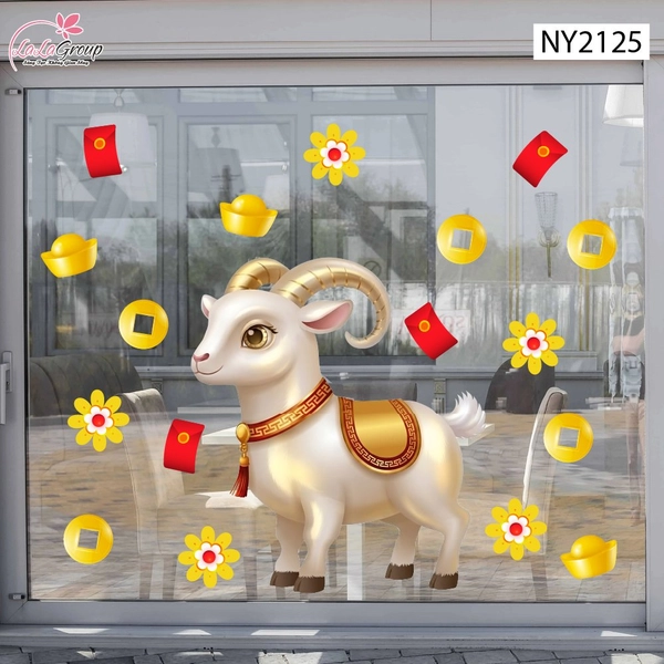 Decal Trang Trí Tết Chú Dê Trắng Đón Xuân Phú Quý