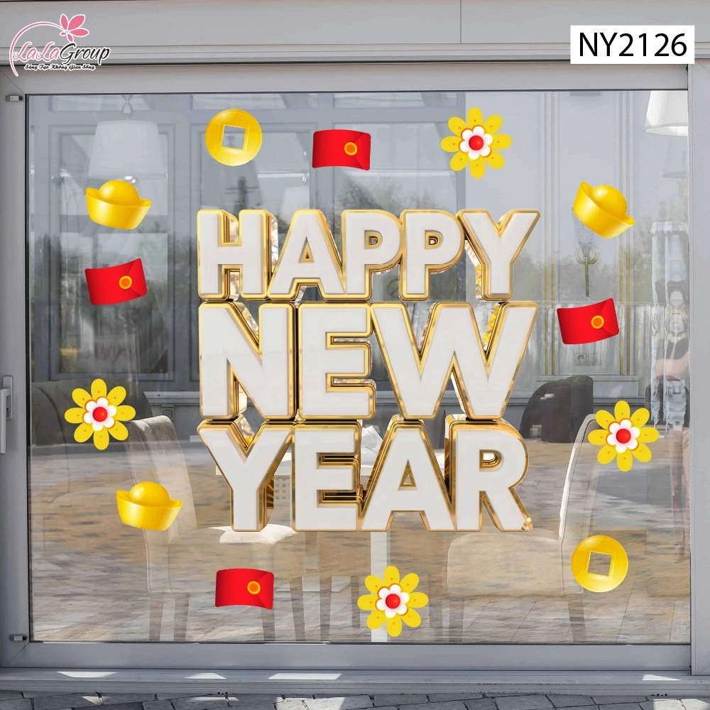 Decal Trang Trí Tết Chữ Happy New Year Trắng Vàng Kim Đón Xuân