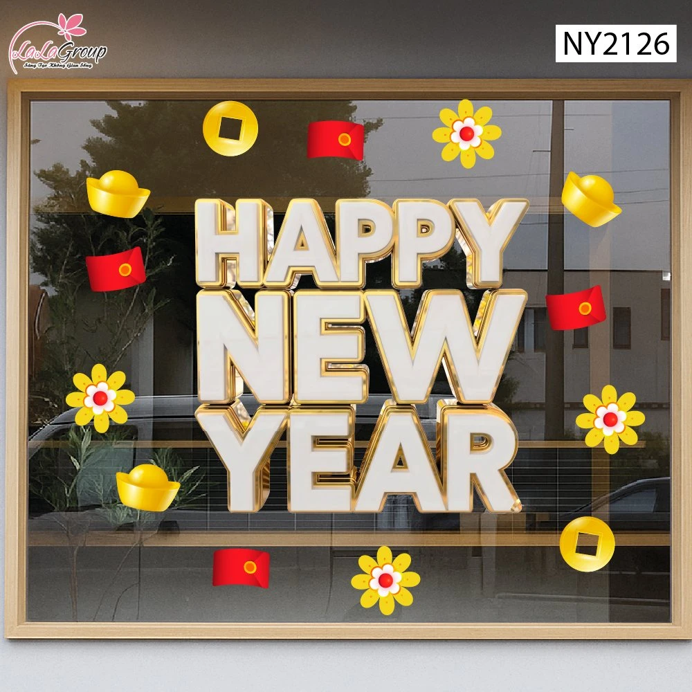 Decal Trang Trí Tết Chữ Happy New Year Trắng Vàng Kim Đón Xuân