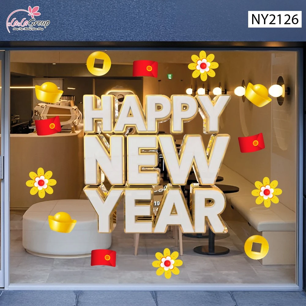 Decal Trang Trí Tết Chữ Happy New Year Trắng Vàng Kim Đón Xuân