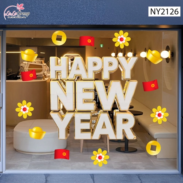 Decal Trang Trí Tết Chữ Happy New Year Trắng Vàng Kim Đón Xuân