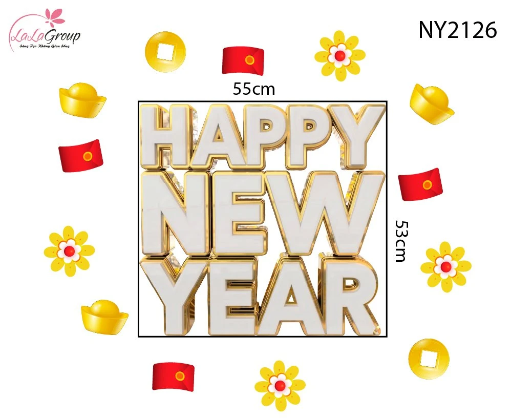 Decal Trang Trí Tết Chữ Happy New Year Trắng Vàng Kim Đón Xuân