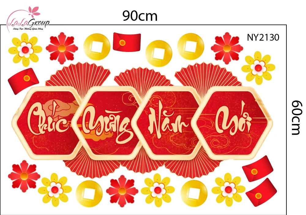 Decal Trang Trí Tết Cụm Quạt Chữ Chúc Mừng Năm Mới