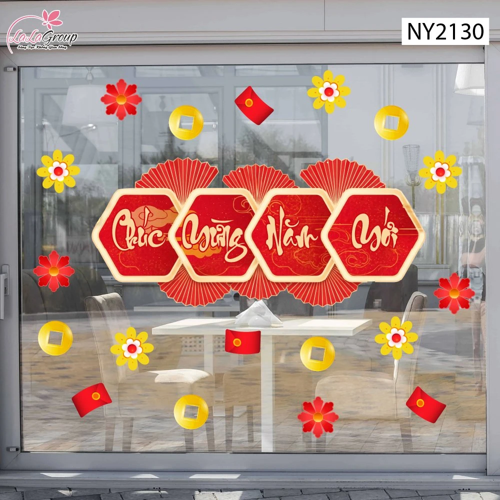 Decal Trang Trí Tết Cụm Quạt Chữ Chúc Mừng Năm Mới