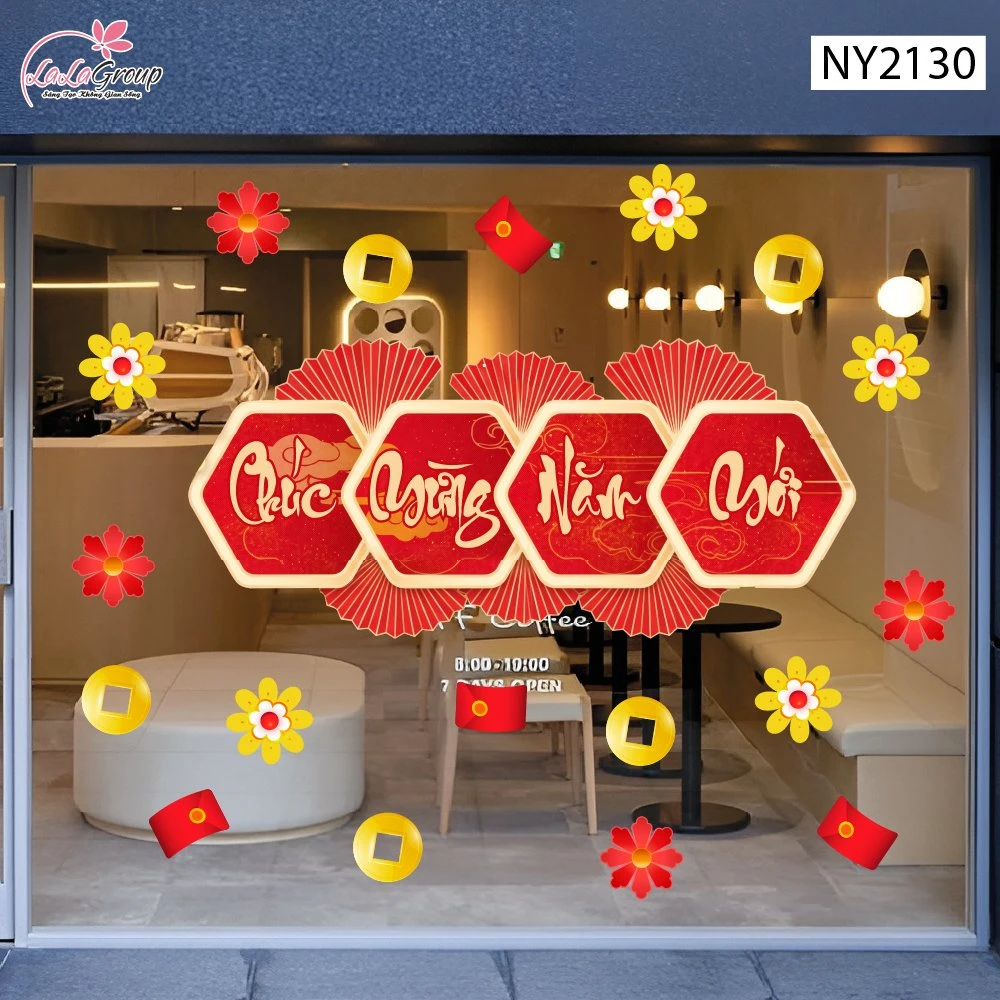 Decal Trang Trí Tết Cụm Quạt Chữ Chúc Mừng Năm Mới