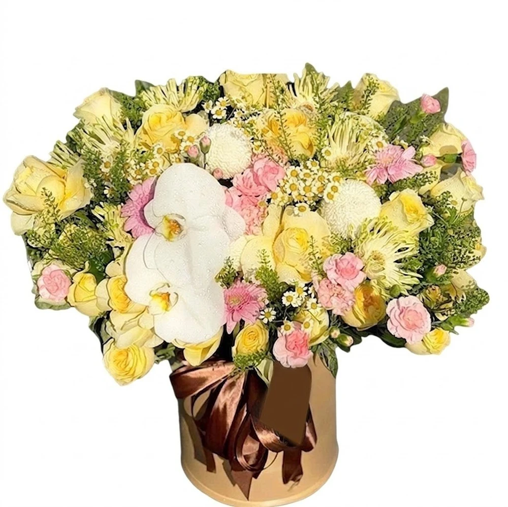 Chậu Hoa Tone Vàng Pastel Mix Lan Sang Trọng